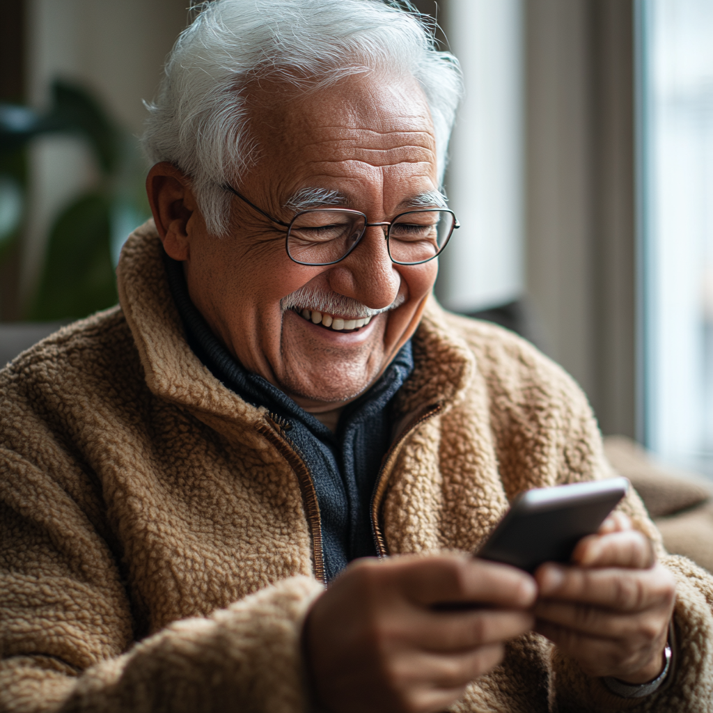 Щаслива людина дивиться на результати свого прогресу на телефоні